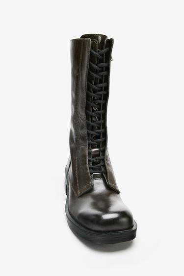 LEATHER LACE-UP ANKLE BOOTS - Khaki Green by Zara - Image 4