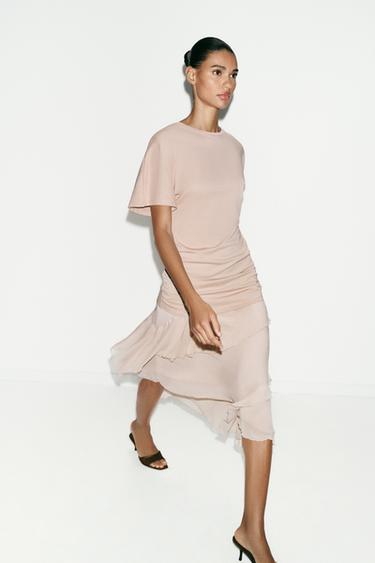 KJOLE MED FLÆSER OG KONTRASTSTOF - Beige pink fra Zara