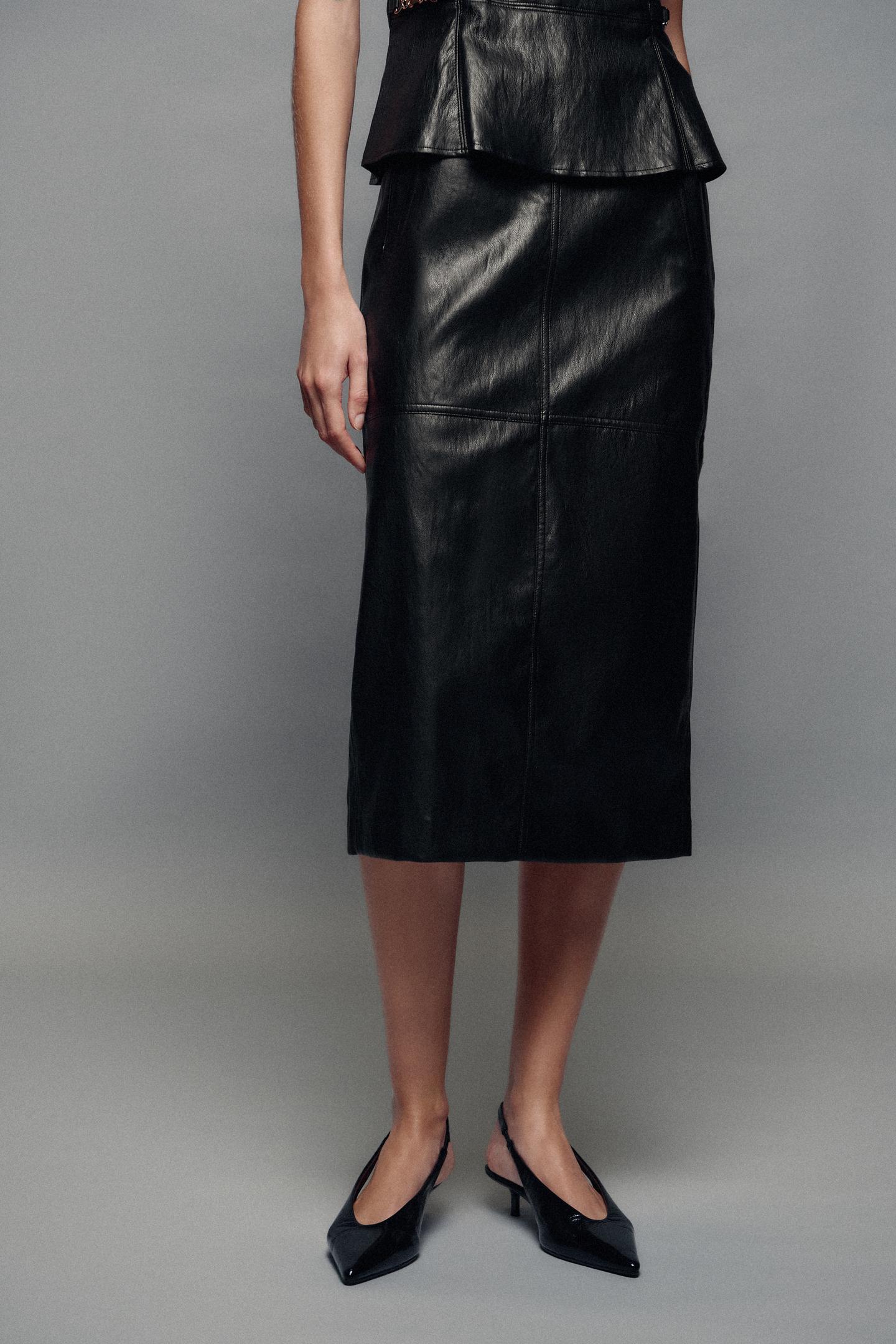 Женская юбка Zara Faux Leather Effect MIDI, цвет: Чёрный — фото 4