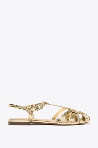 STRAPPY METALLIC-EFFECT CAGE SANDALS - Gold by Zara