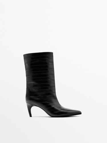 Botín tacón piel grabada - Negro de Zara