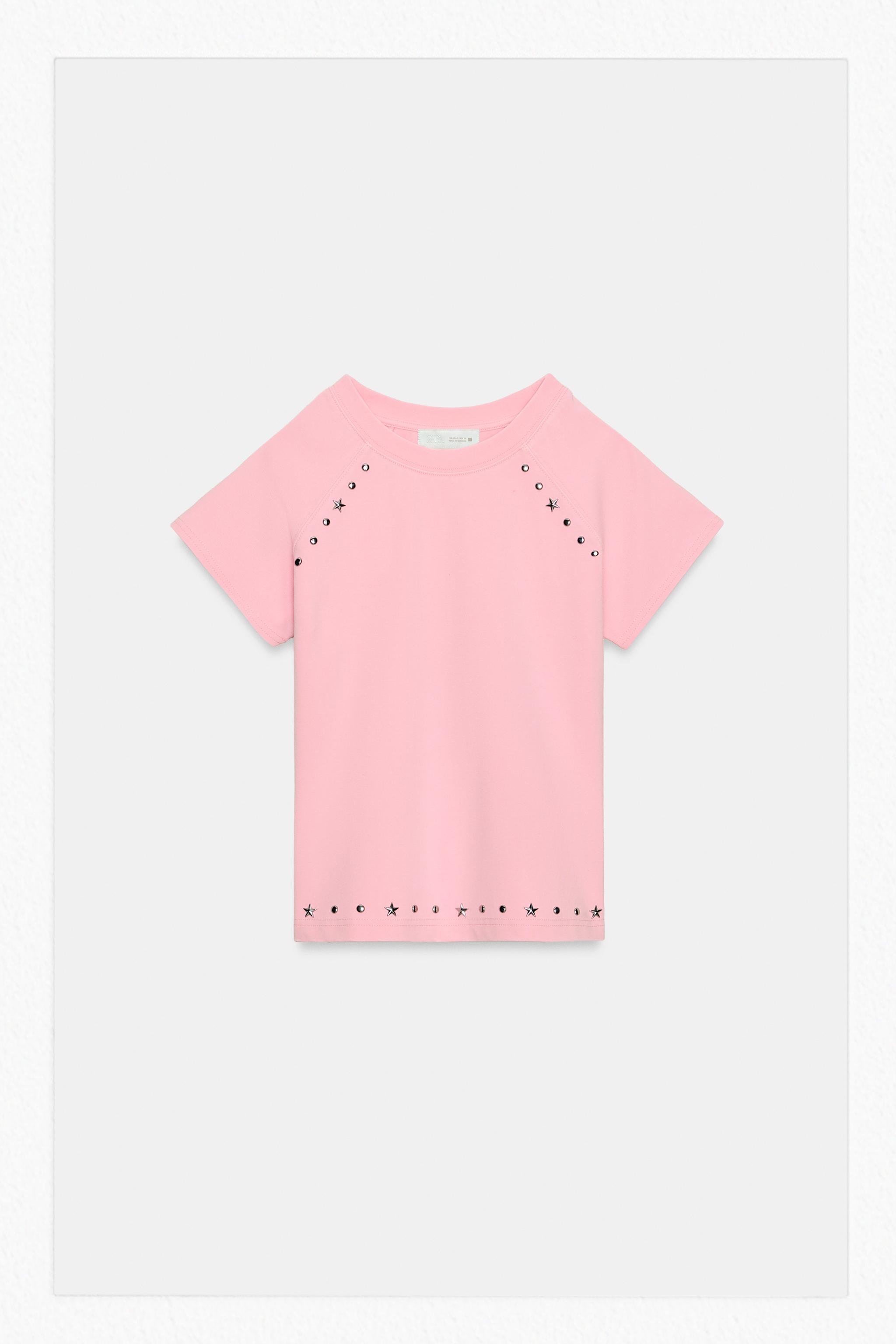 FADED-EFFECT T-SHIRT WITH STUDS — Pink