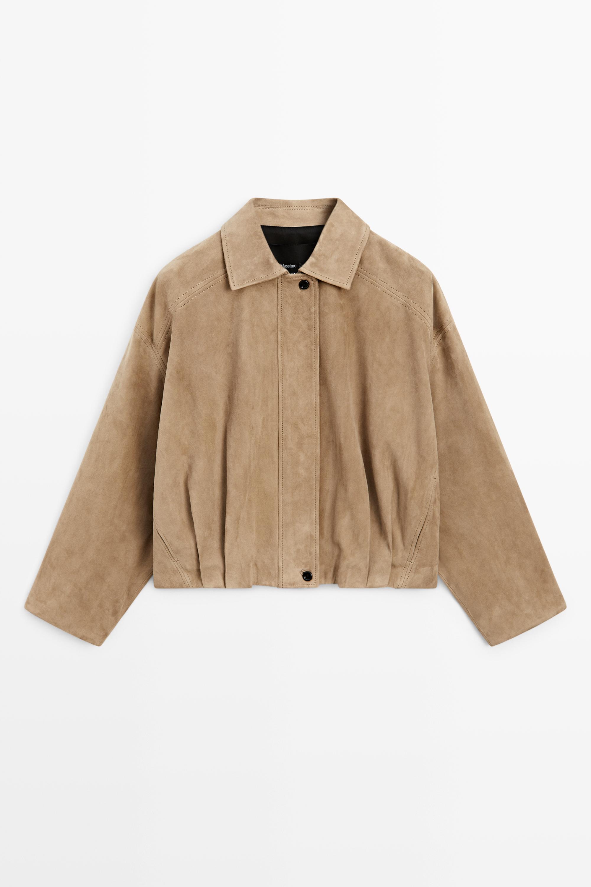 Blouson bomber plissé en cuir et daim