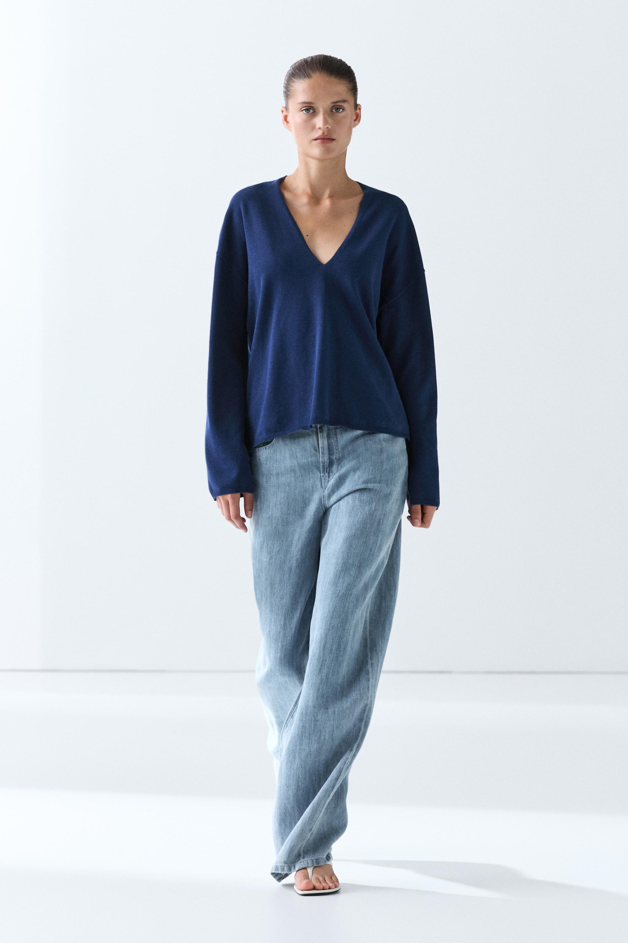 Striped V-neck knit sweater - Navy blue | ZARA United States