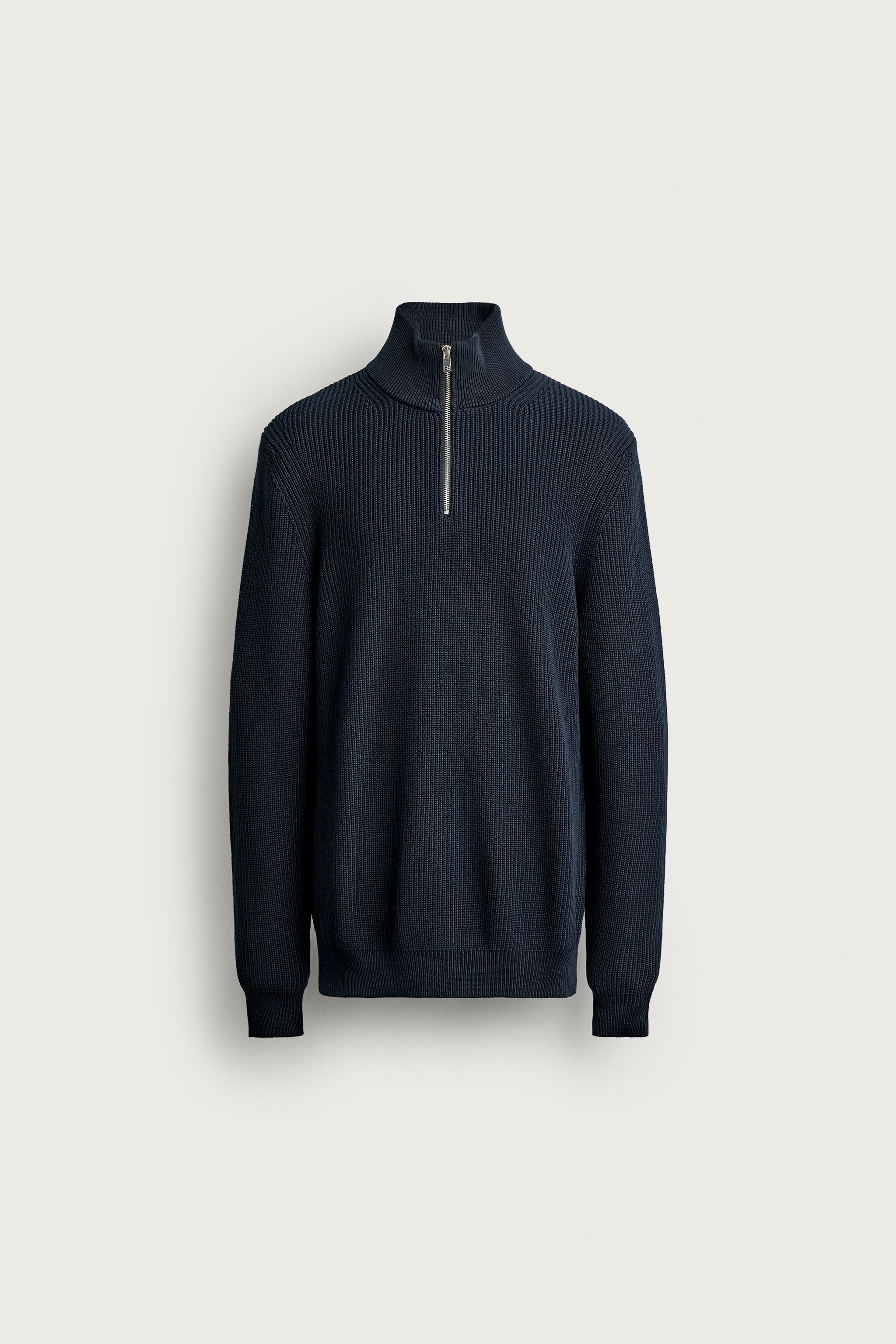 PURL KNIT QUARTER-ZIP SWEATER — Navy blue