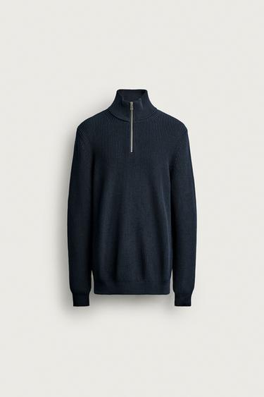 СВИТЕР ИЗ ХЛОПКА В ЖЕМЧУЖНУЮ ВЯЗКУ НА МОЛНИИ — МОРСКОЙ СИНИЙ от Zara