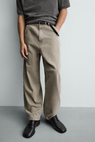 Zara WASHED BALLOON FIT PANTS - Light sand