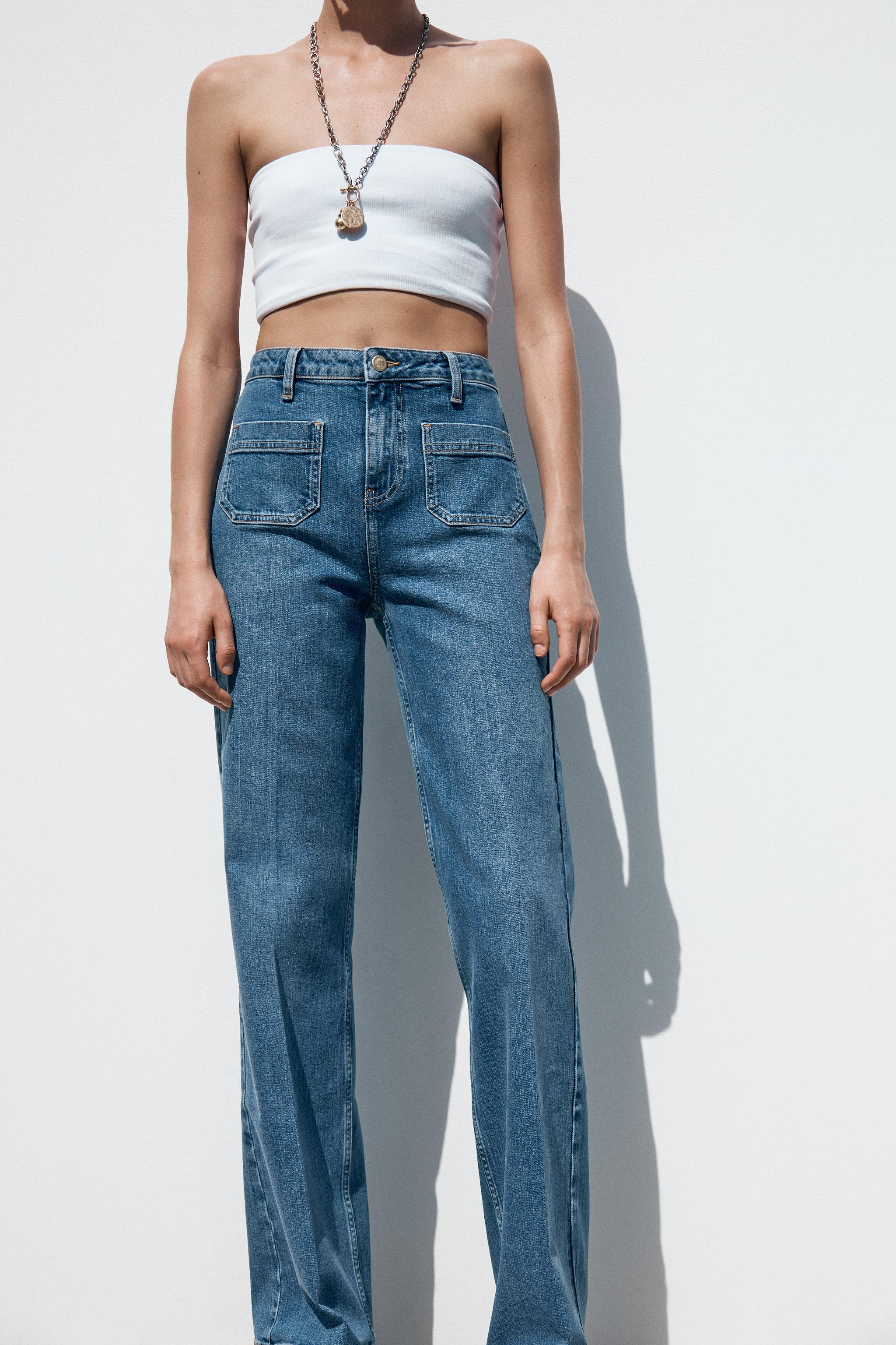Z1975 HIGH-WAIST PATCH POCKET JEANS - Mid-blue | ZARA United