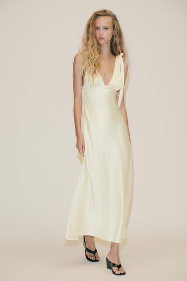 Zara SATIN MIDI DRESS WITH TIES - Light yellow