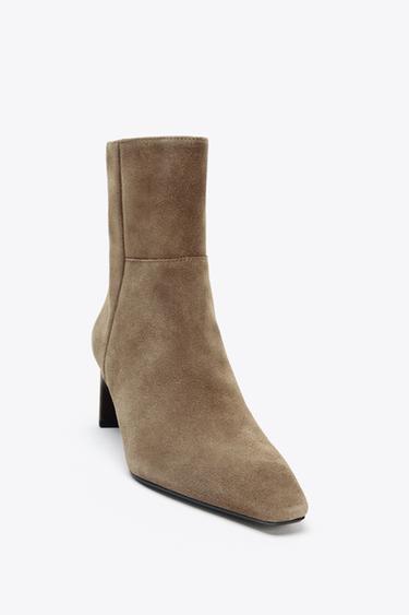 Zara SUEDE KITTEN HEEL ANKLE BOOTS - Taupe Gray