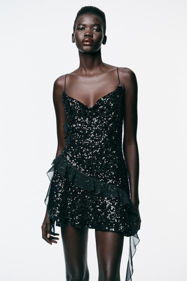 ROBE COURTE À PAILLETTES ET VOLANTS - Noir de Zara - Image 1