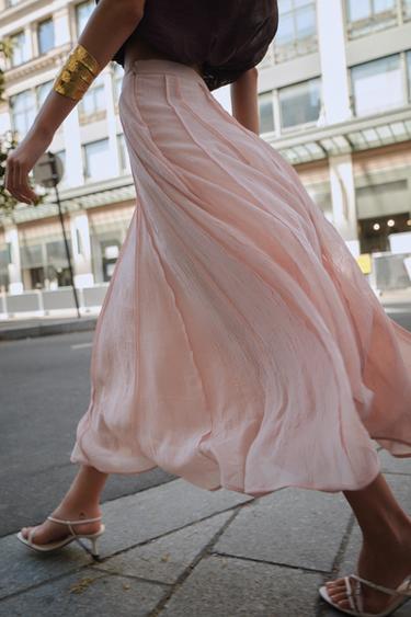 JUPE MI-LONGUE SEMI-TRANSPARENTE À SURPIQÛRES - Rose pastel de Zara - Image 3