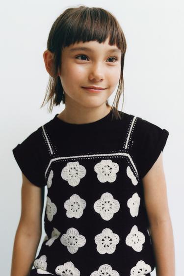 Zara FLORAL KNIT TOP - Black