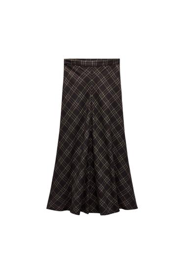 Front view of dark plaid maxi skirt