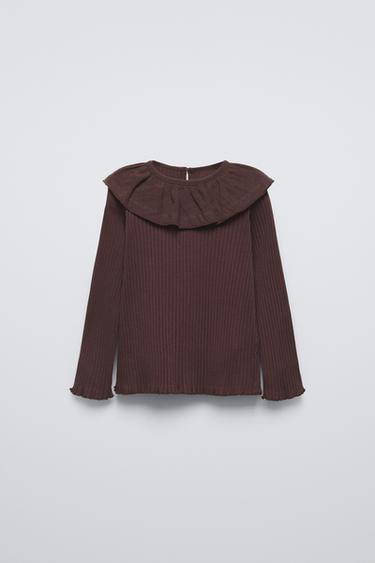 Zara RIBBED T-SHIRT - Chocolate
