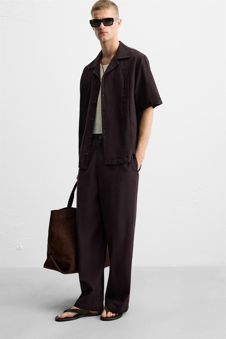 PLEATED COTTON - LINEN TROUSERS - Dark brown by Zara - Image 4