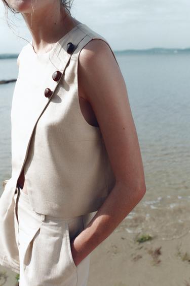 SHORT CROSSOVER LINEN BLEND TOP - Light beige by Zara - Image 1