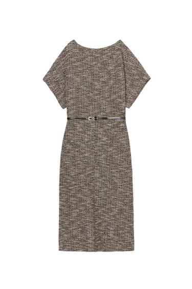 Zaras MEDELLÅNG KLÄNNING MED TEXTUR OCH SKÄRP - Brun/naturfärg
