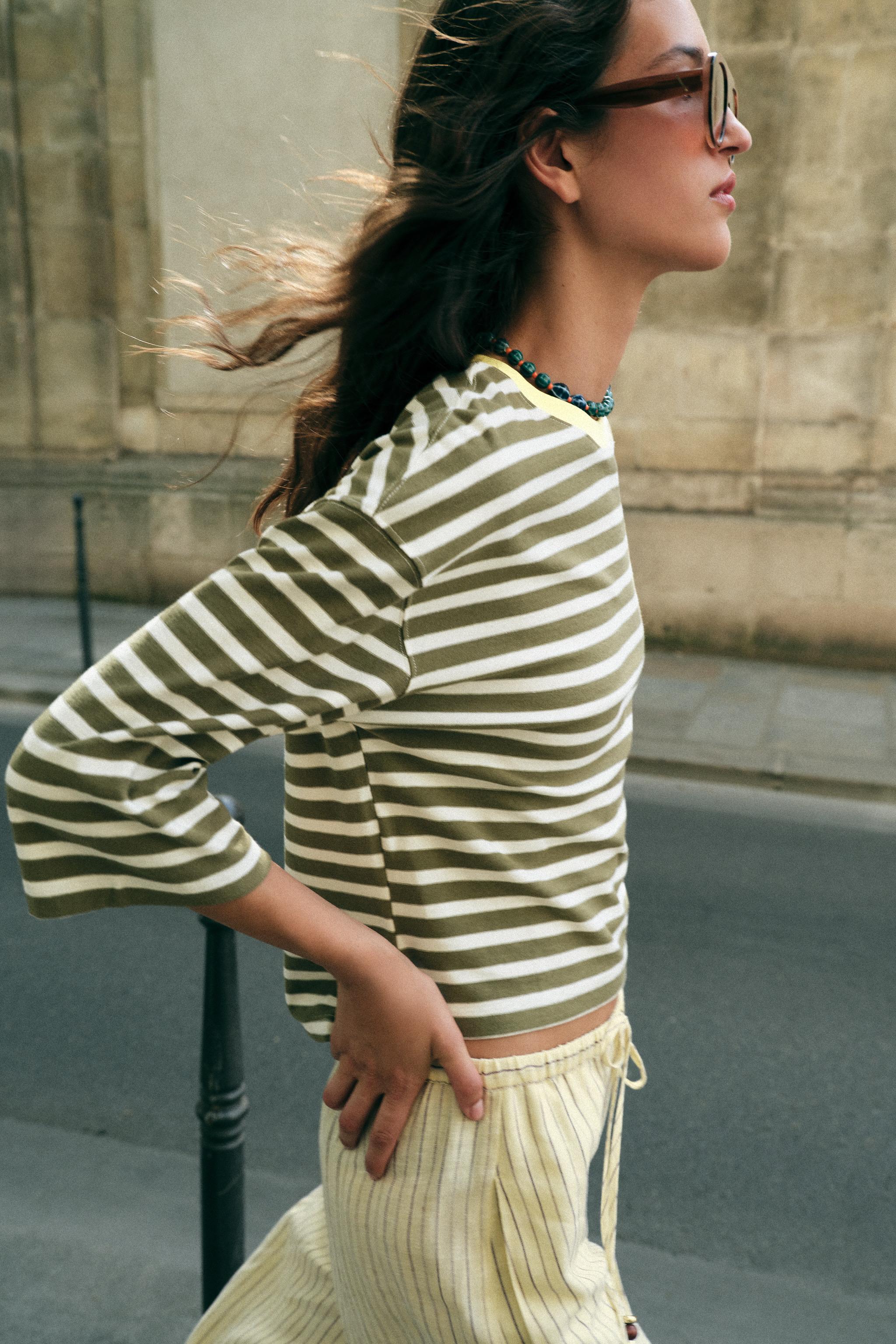 Zara KONTRAST ÇİZGİLİ T-SHIRT görsel 5