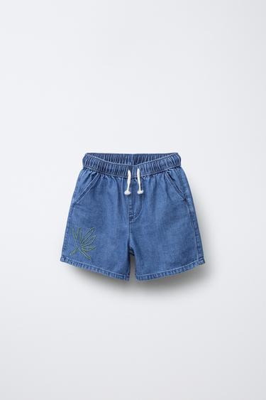 BERMUDA EN DENIM PALMIER BRODÉ - Bleu de Zara - Image 0