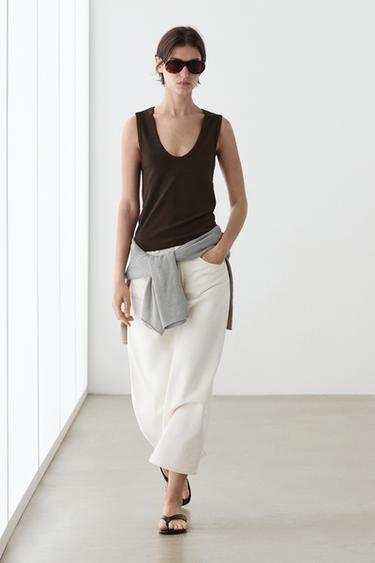 Zara Cotton blend V-neck top - Dark brown - Image 0