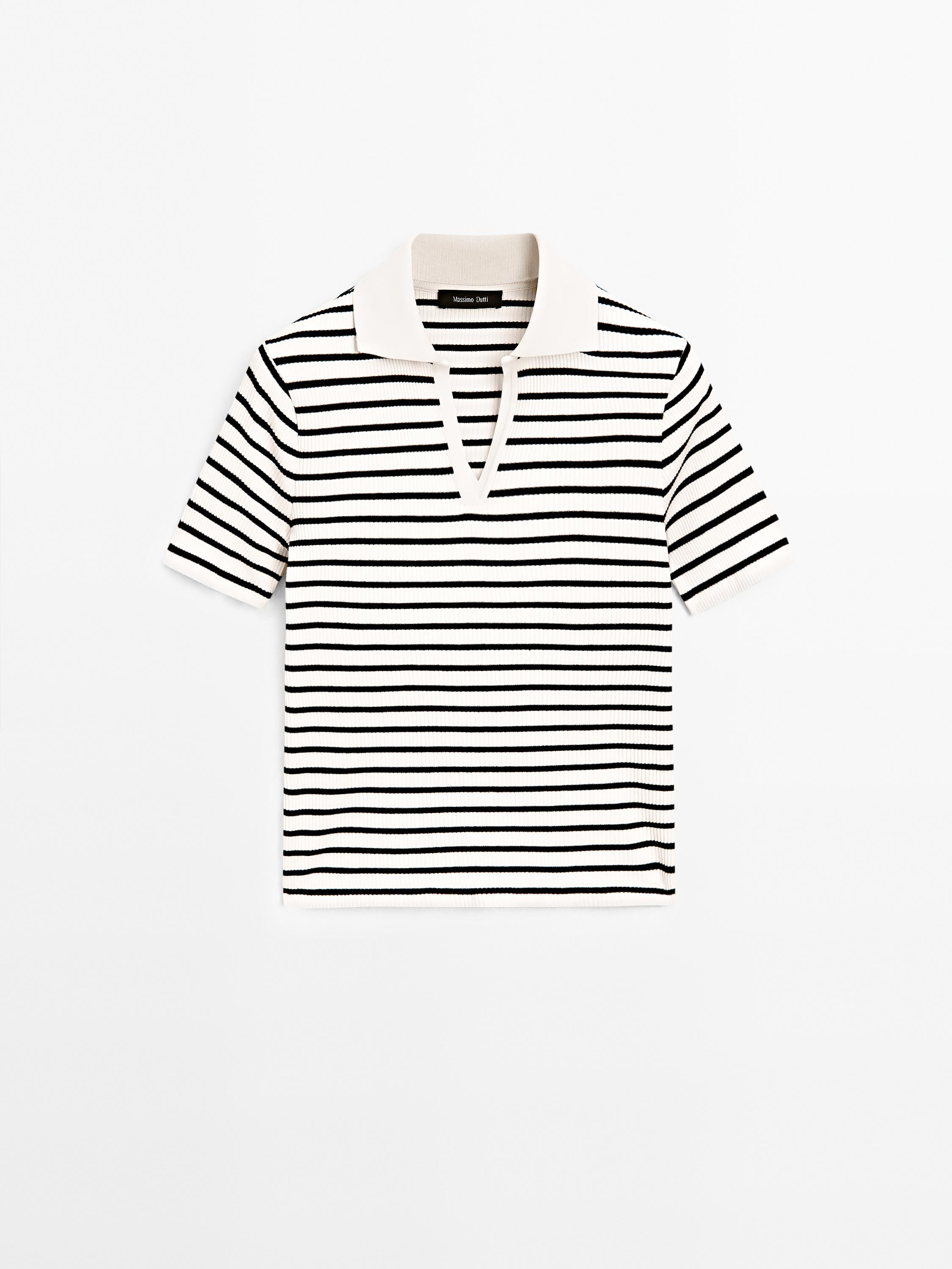 T-shirt polo à rayures en coton mélangé