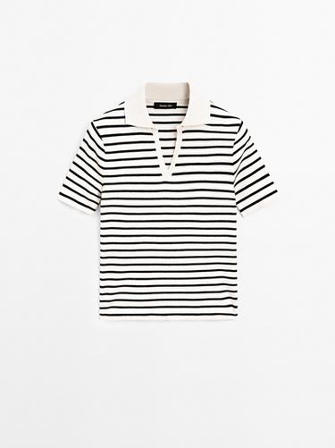 Zara Striped cotton blend polo T-shirt - Ecru