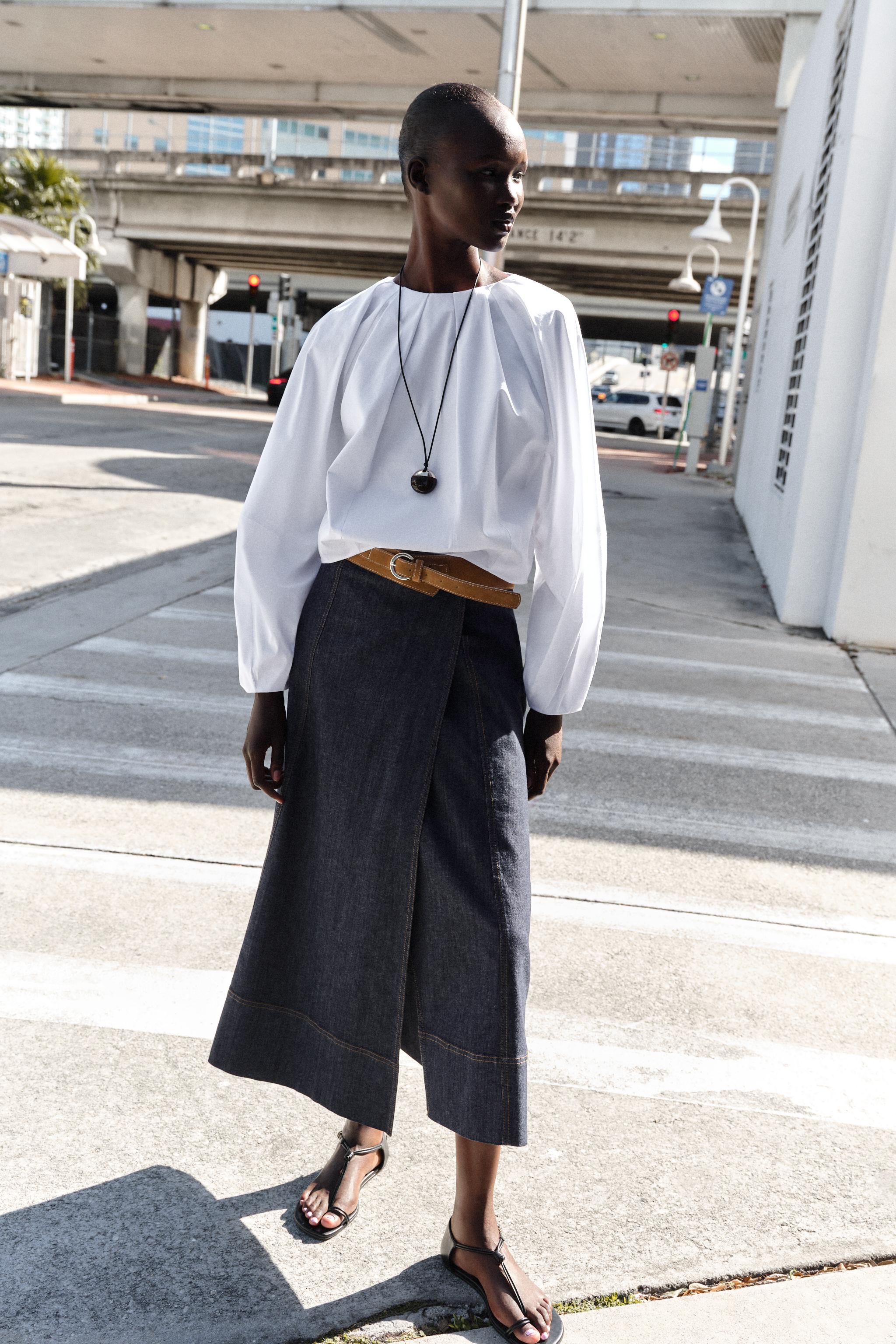 Z1975 ベルト付きミディ丈デニムスカート - ブルー | ZARA Japan / 日本