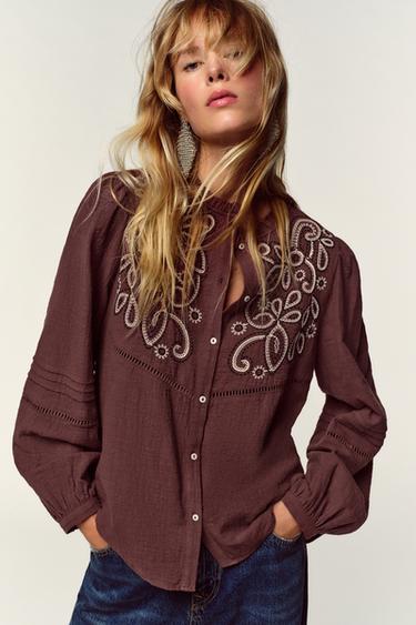 GEBORDUURDE BLOUSE MET BORSTSTUK - Burgundy van Zara