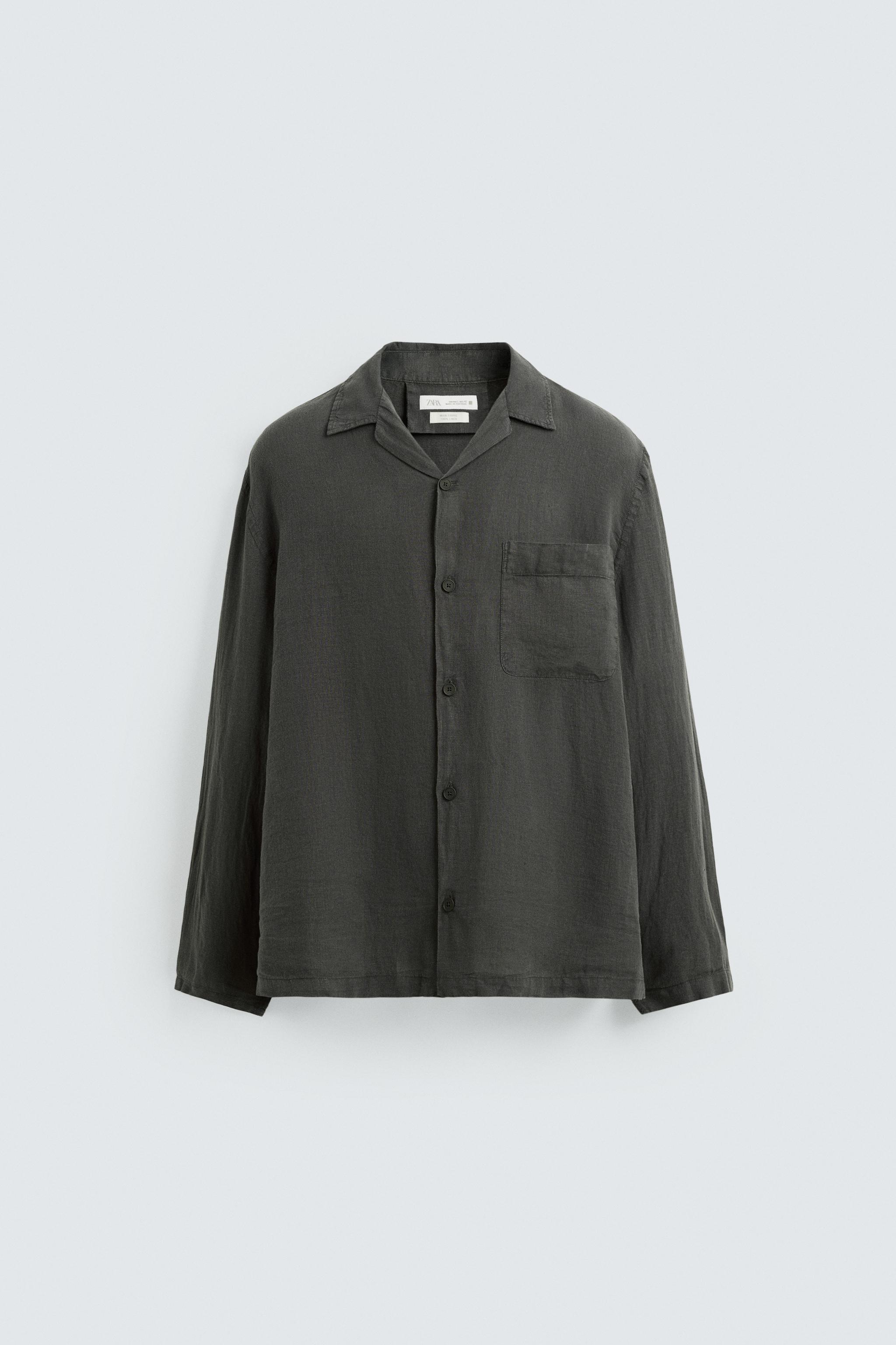 【E7472】オーシャンゼリゼ 100% LINEN SHIRT - Gray / Tan | ZARA United States