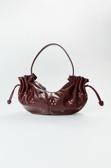 Zara STUDDED GATHERED SHOULDER BAG - Burgundy Red