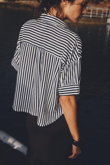 CHEMISE COURTE EN LIN - Bleu / Blanc de Zara - Image 4