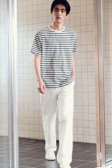 Zara 基本款中磅數 T 恤 /02 - 白色 / 海藍色