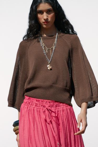 Zara WIDE SLEEVE KNIT SWEATER - Brown