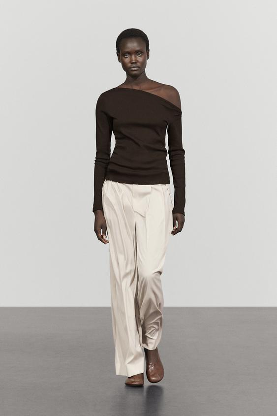 Zara Draped shoulder detail T-shirt - Brown - Image 0