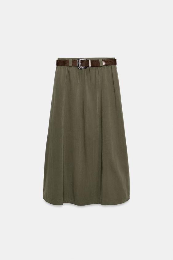 BELTED A-LINE MIDI SKIRT - Dark khaki by Zara - Image 0