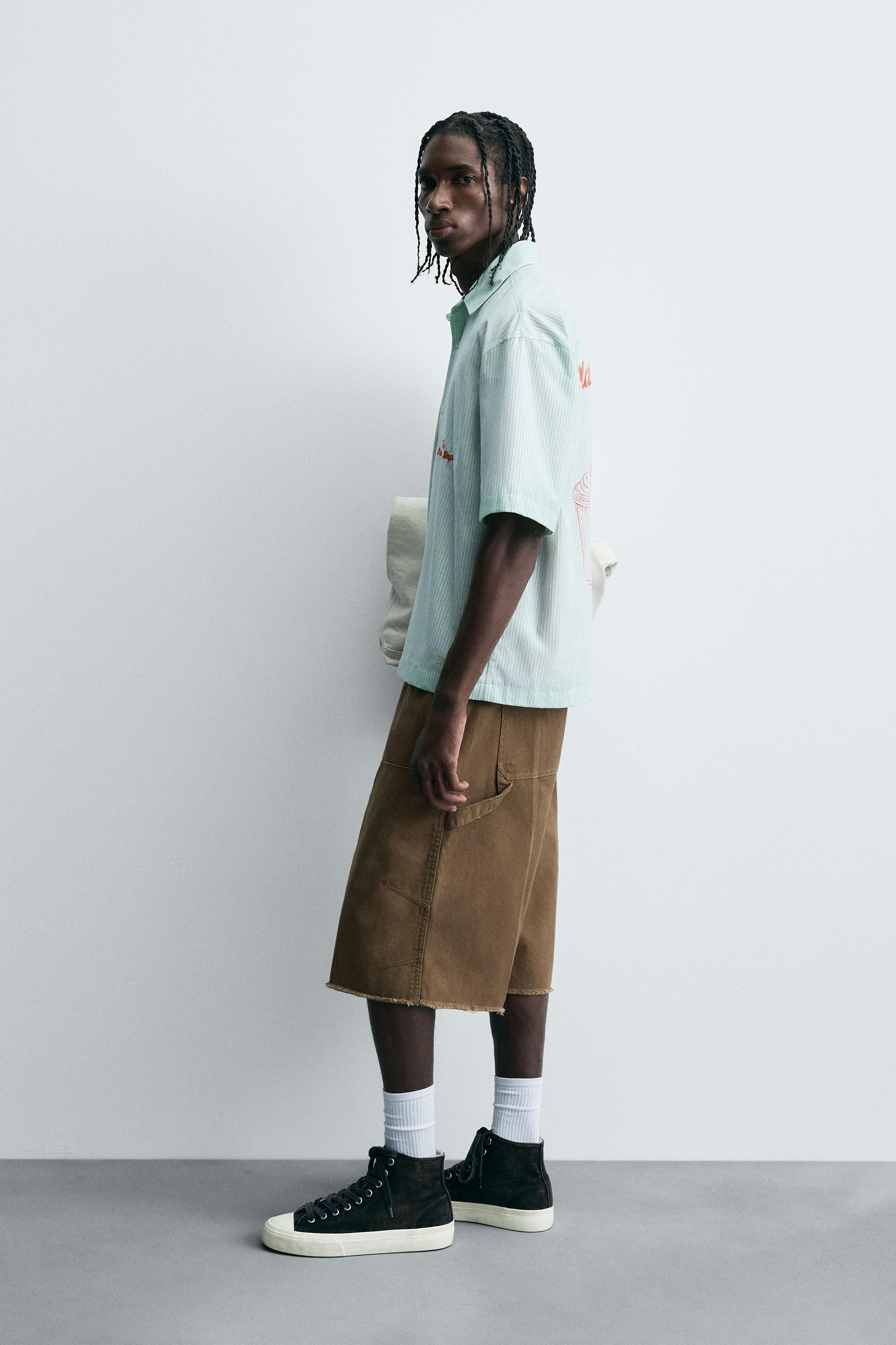STRIPED SHIRT WITH CONTRAST SLOGAN - Green | ZARA New Zealand