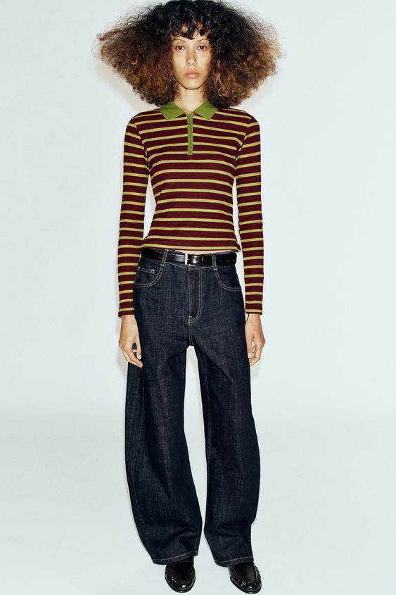 Zara CONTRAST STRIPE POLO SHIRT - Maroon - Image 0
