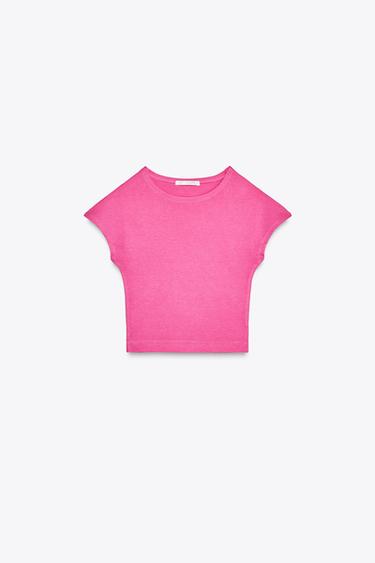 Zara COTTON MODAL CROP T-SHIRT - Fuchsia