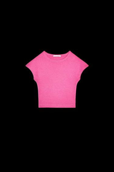Zara COTTON MODAL CROP T-SHIRT - Fuchsia