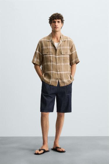 CHECKED LINEN/COTTON SHIRT - Brown by Zara