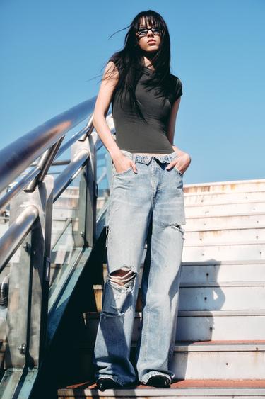 TRF MID-WAIST FOLDED WAISTBAND JEANS - Light blue by Zara