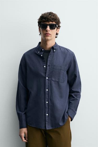 REGULAR FIT LINEN/COTTON SHIRT - Blue by Zara