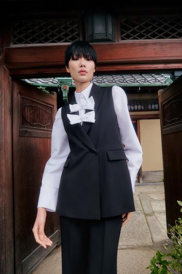 ダブルブレストロングベストブラックZaraのダブルブレストロングベスト - ブラック 