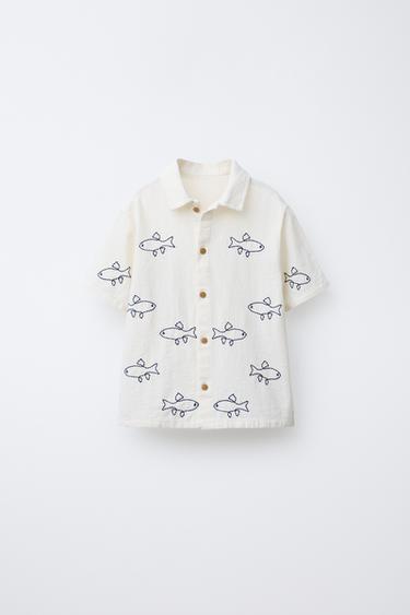 CHEMISE BRODÉE POISSONS - Écru de Zara