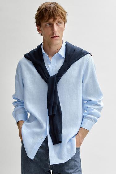 Zara Slim fit 100% linen shirt - Green stripe