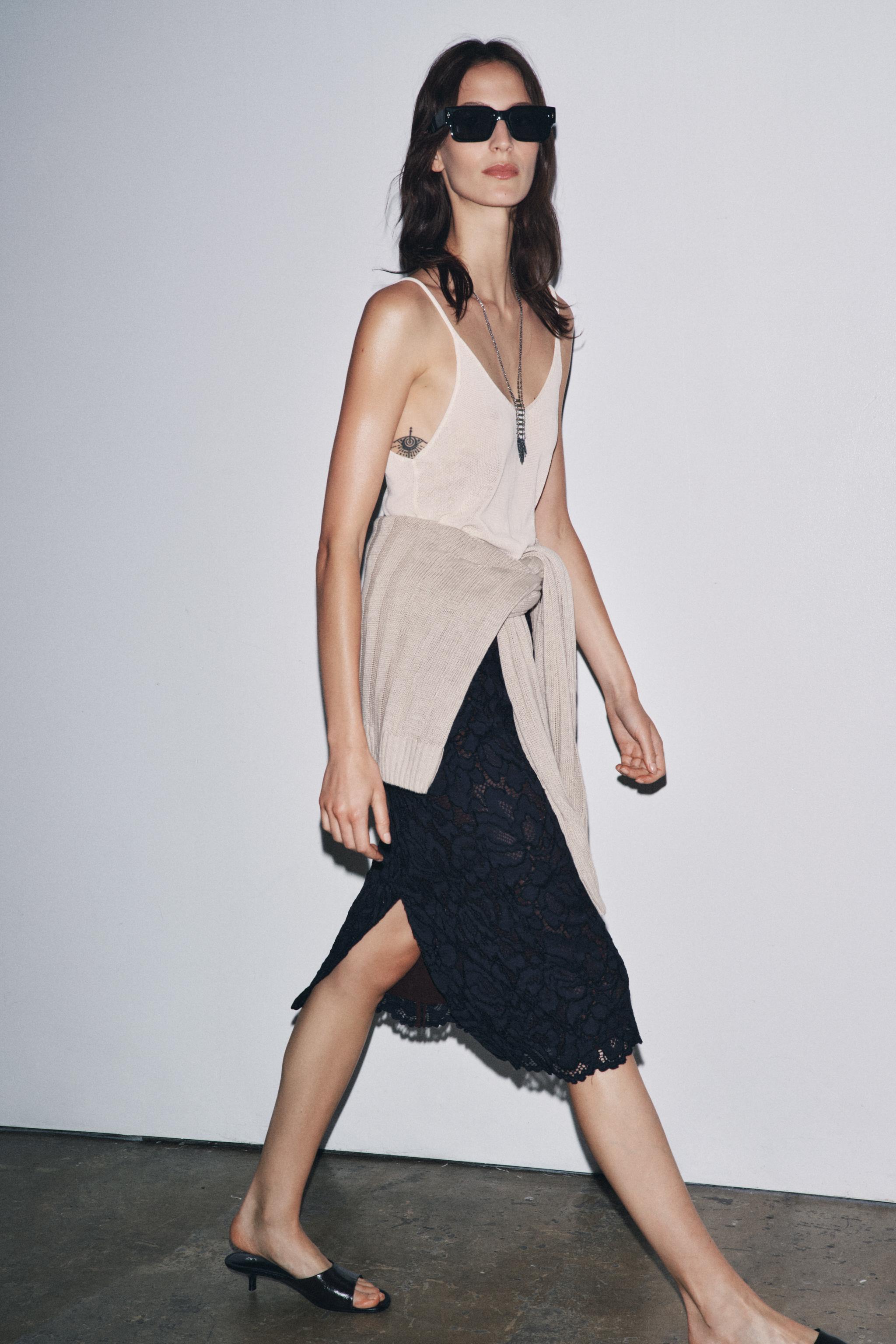 ZW COLLECTION レースミディスカート - ネイビーブルー | ZARA