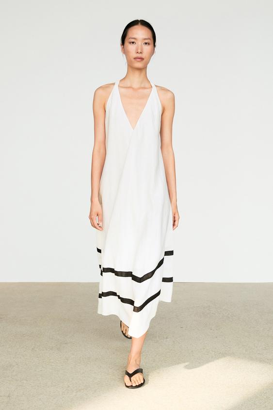Linen blend midi dress with contrast stripe detail from Zara - $220