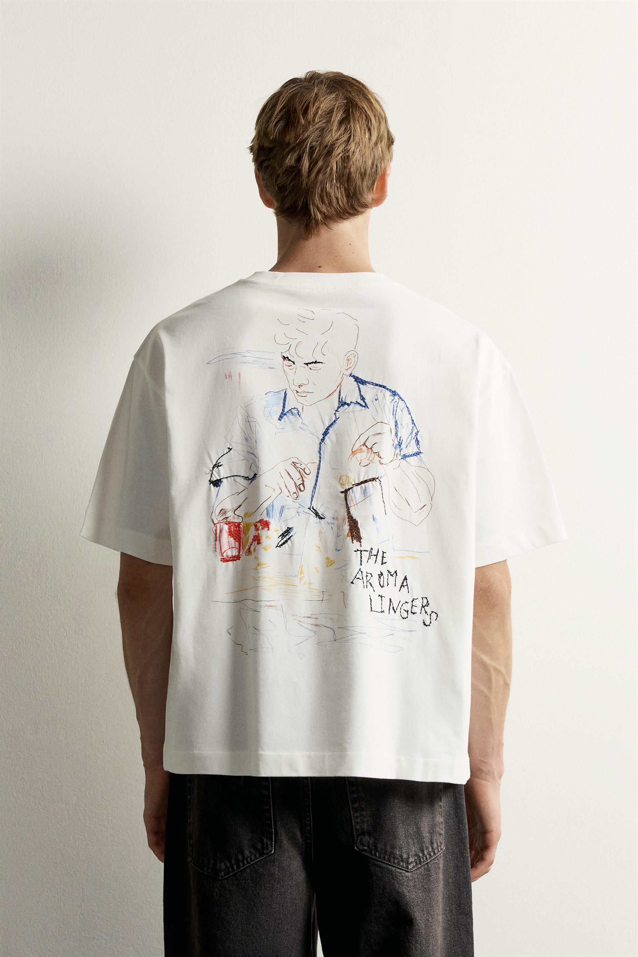Мужские футболки Zara CONTRAST PRINT AND EMBROIDERY T-SHIRT — фото 3