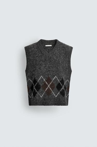 Zara DIAMOND JACQUARD KNIT VEST - Gray marl